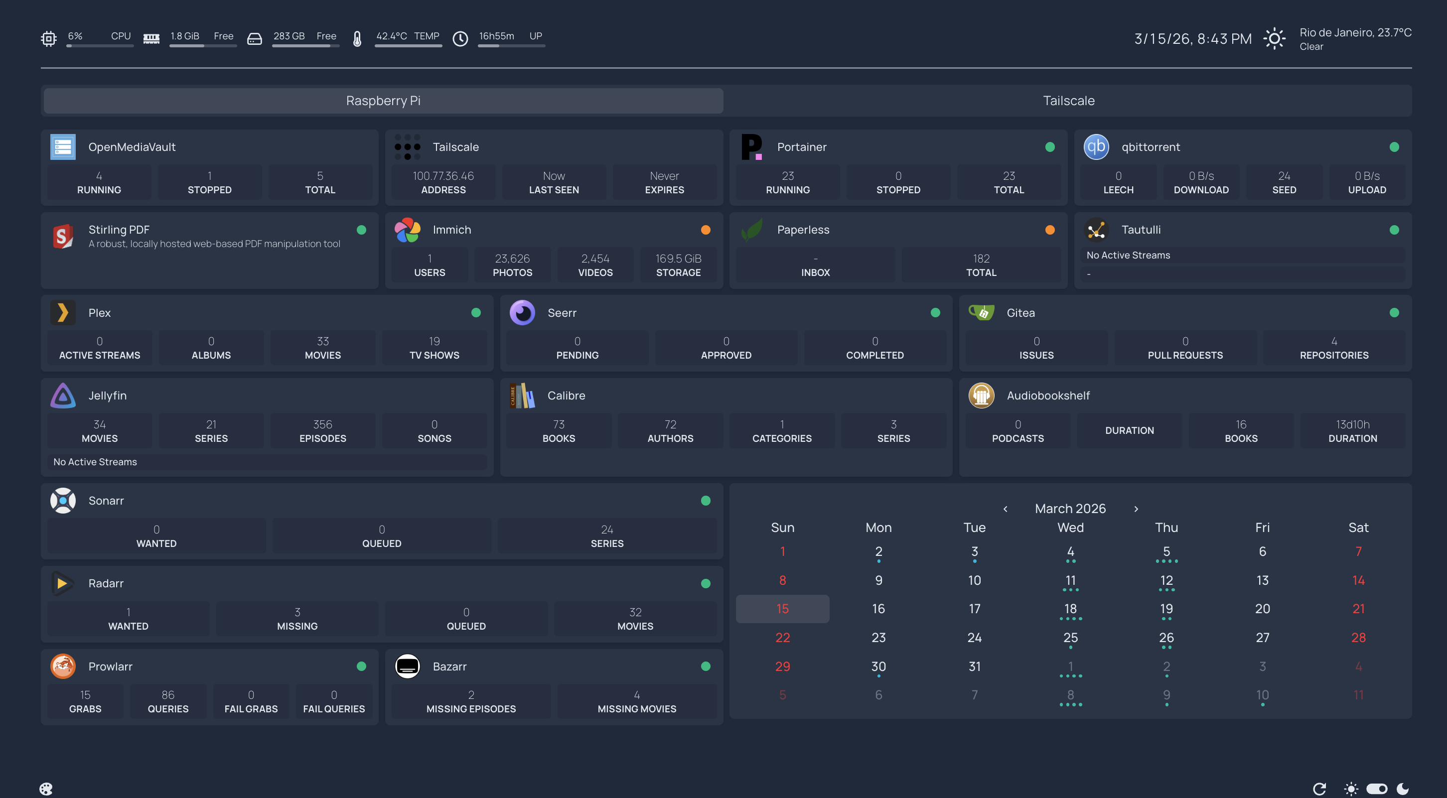 Dashboard criada com o homepage com os serviços que rodo no meu homelab.